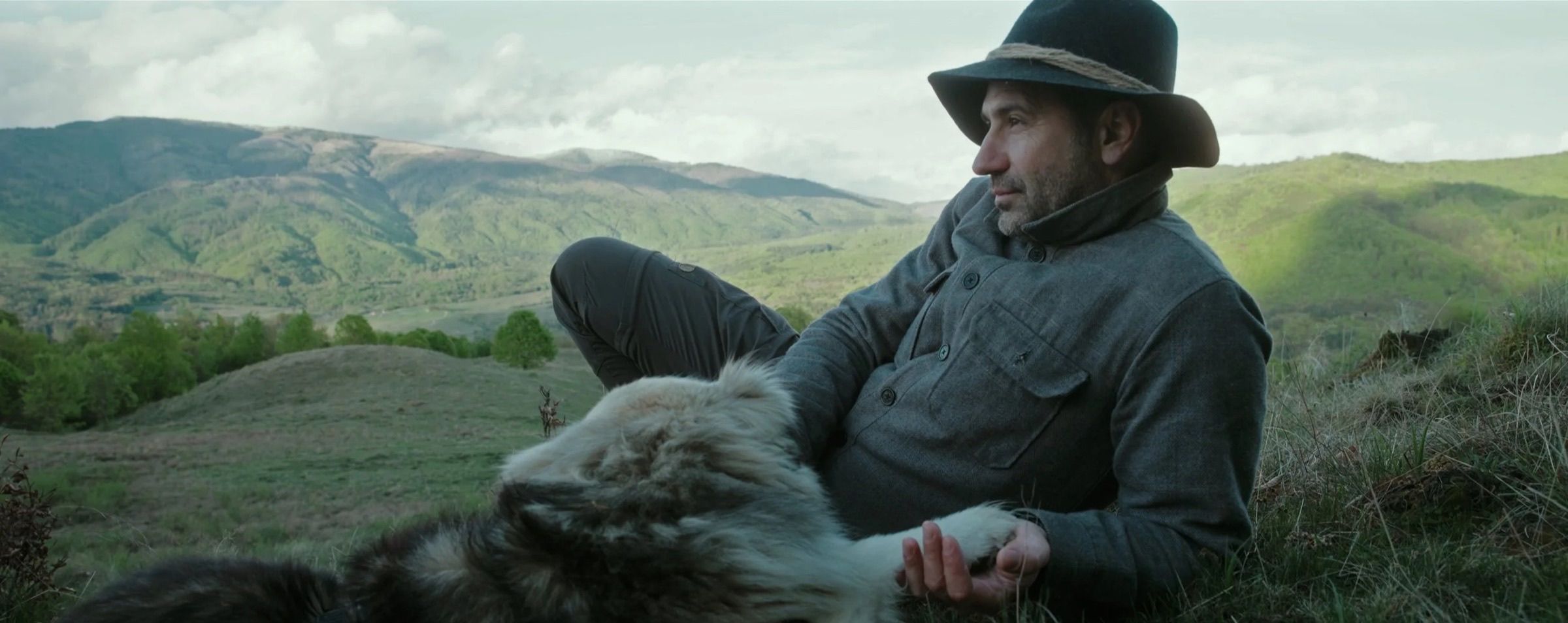 A man in a hat sits with a dog on a grassy Carpathian hillside